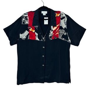Aimee D.‎ NWT VTG Women's XL Black Red Print Short Sleeve Button Up Blouse Boho